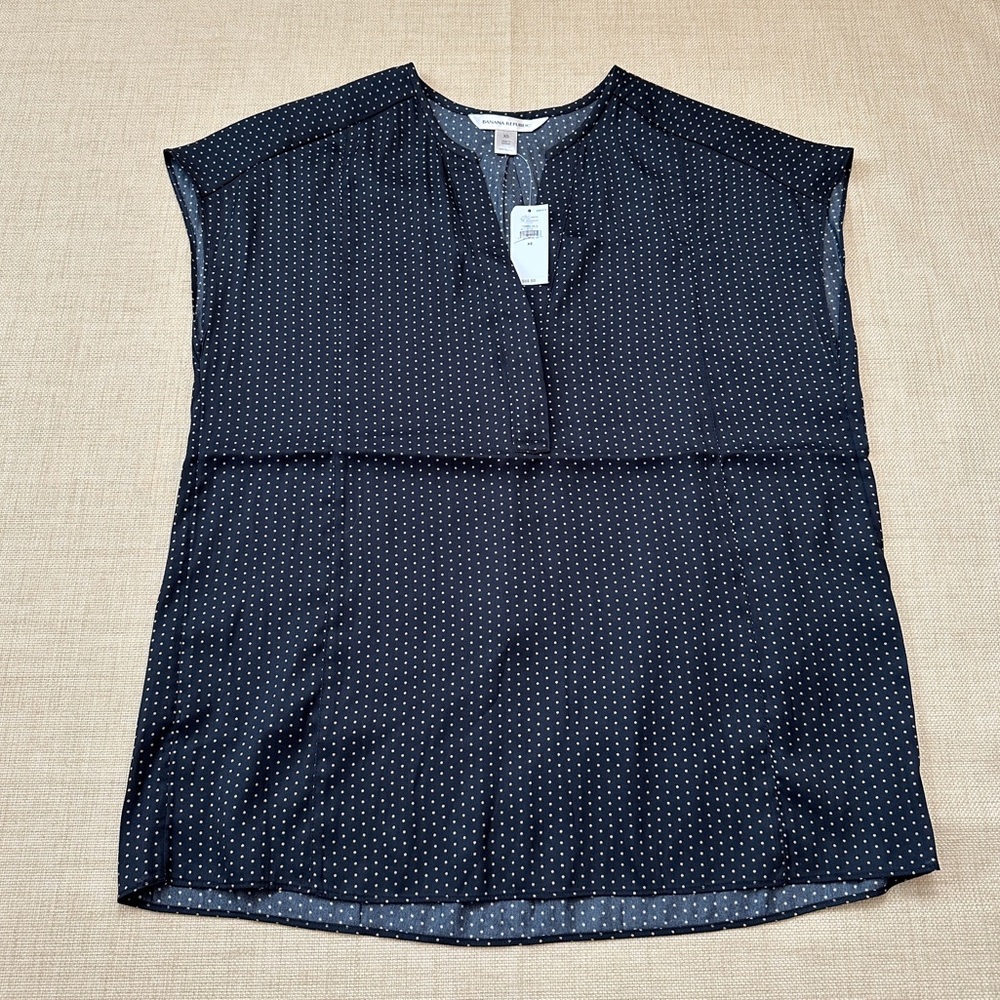 Banana Republic Tan Polka Dot V Neck Black Blouse Top